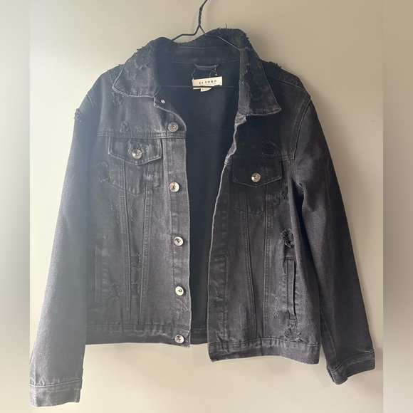 Ci Sono, size small black denim jacket. Long sleeve. Button up. Distressed look - Picture 2 of 7